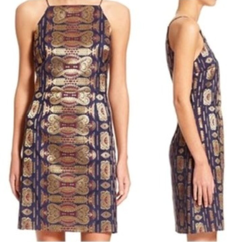NWT Tory Burch jacquard silk-cotton dress, metallic gold & navy - size 4